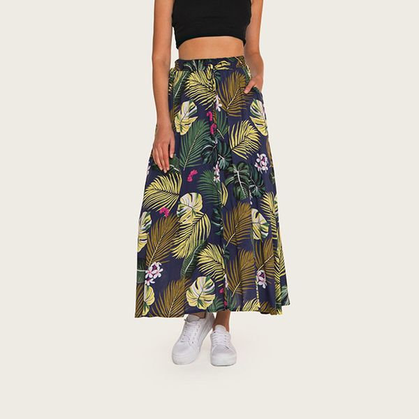 

2019 summer new half-length skirt bohemian printed elastic waist swing skirt beach casual a-line natural, Black