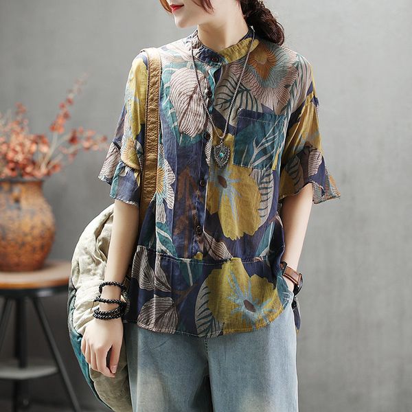 

retro printed leaves dot pattern butterfly sleeve boho style thin shirt women loose stand collar button casual femme blouses top, White