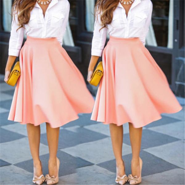 

vintage women stretch high waist skater skirts ladies plus size pink skirt flared pleated swing flared knee-length skirts s-2xl, Black