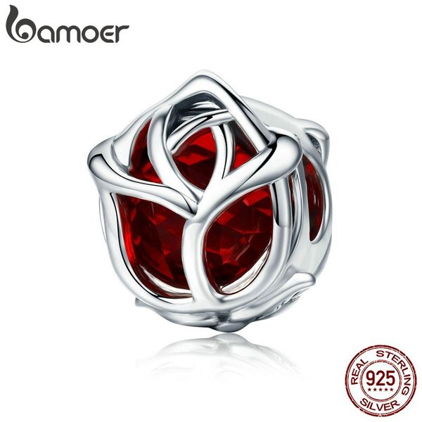 

bamoer romantic 100% 925 sterling silver rose flower, red crystal charm beads fit women charm bracelet diy jewelry making scc568