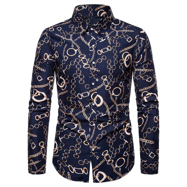 

autumn winter men's blouse shirts casual slim fit long sleeve hawaii printed turn-down collar vintage men dress shirts, White;black