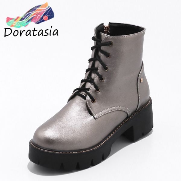 

women's 2019 big size 43 chunky heels ankle boots woman shoes casual cool shoelaces shoes women motorcycles boots, Black
