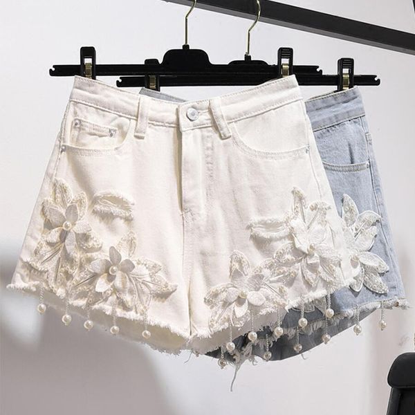 

pus size summer shorts woman 3d flower pearl tassels women shorts fashion white femme boho women short feminino, White;black