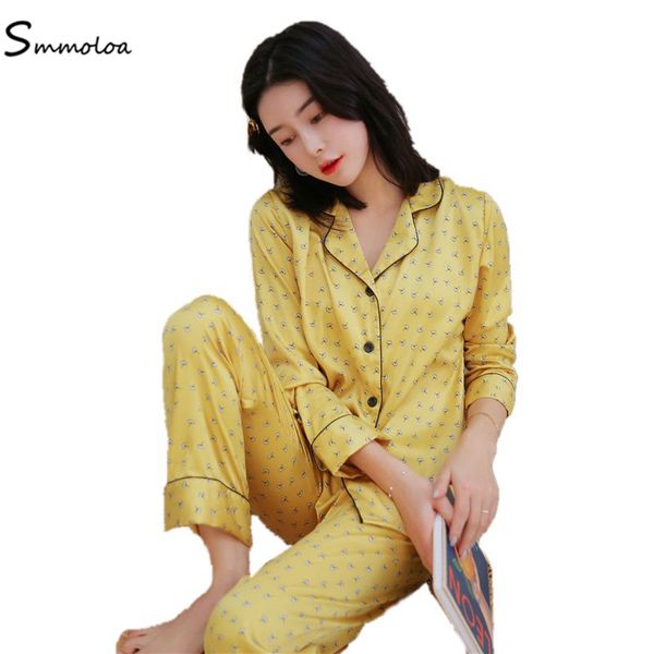 

smmoloa 2019 new print women pijama satin silk pyjamas long sleeves pajamas, Blue;gray