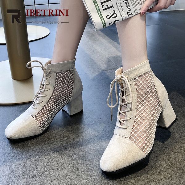 

ribetrini new fashion ladies chunky high heels shoes woman lace up pointed toe hollow summer ankle boots party boots women, Black