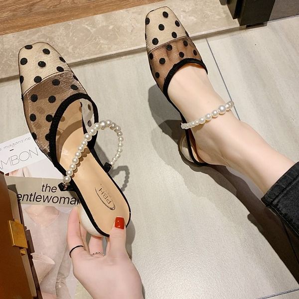 

baotou ban tuo xie female outer wear 2020 nian new korean fashion mesh pearl chunky-heel sandalsmuller s, Black
