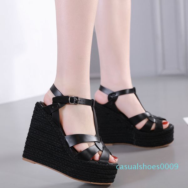 

designer sandals ladies wedge sandals knitted straw woven platform shoes luxury women slides size 35 to 40 09c, Black