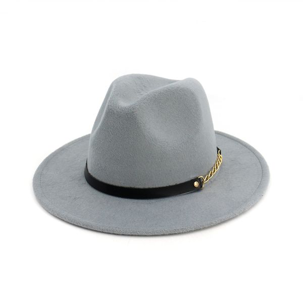 

fashion-wool fedora panama hat winter wide brim felt church jazz cap with leather metal chains belt, Blue;gray