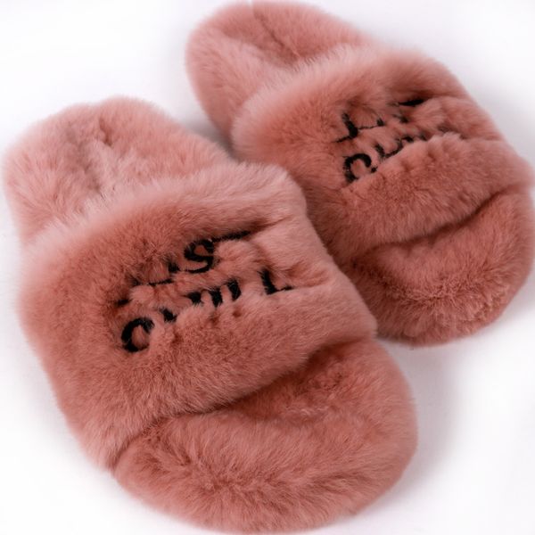

natural fur slides women rex fur slippers ladies flat-with slippers, Black