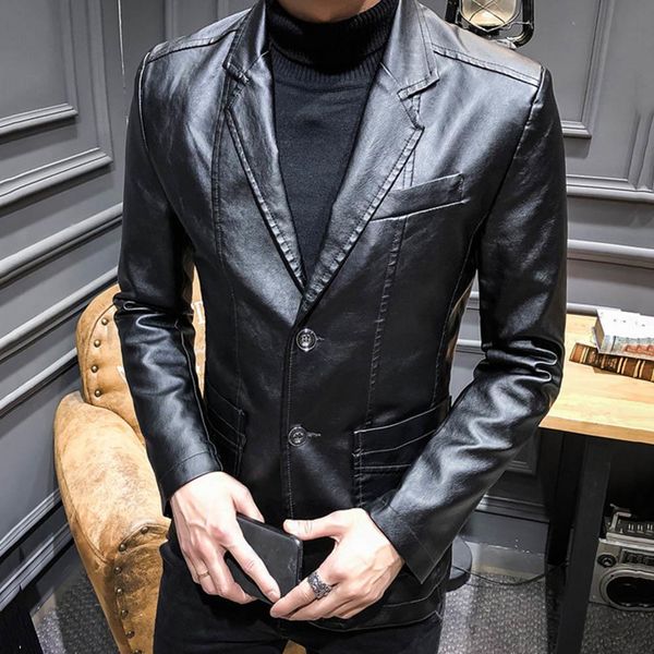 

autumn winter men solid color faux leather suit jacket long sleeve lapel blazer coat, Black