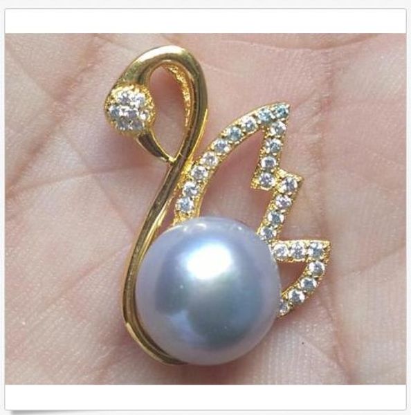 

huge 12-13mm south sea genuine gray stud pearl pendant necklace, Silver