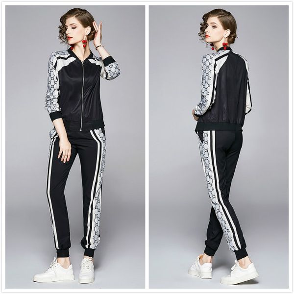 

2020 fashion women's sports two piece sets long sleeve print runway jackets coat + long pants 2 pcs black ladies designer two piece pan, White