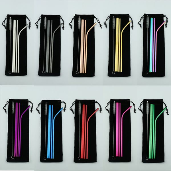 

reusable stainless steel straw set straight bent straw cleaning brush 5pcs metal smoothies drinking straws set tc190617 30set