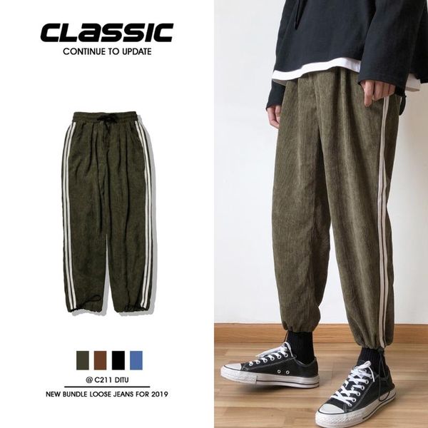 

feitong мужские брюки мода краткий стиль вельвет полосатый повседневные ремни брюки брюки брюки hombre, Black