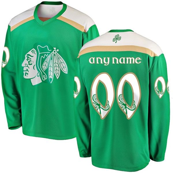 

Green 2019 St. Patrick's Day Jersey 11 Brendan Perlini 68 Slater Koekkoek 50 Corey Crawford 88 Patrick Kane Chicago Blackhawks Hockey Jersey
