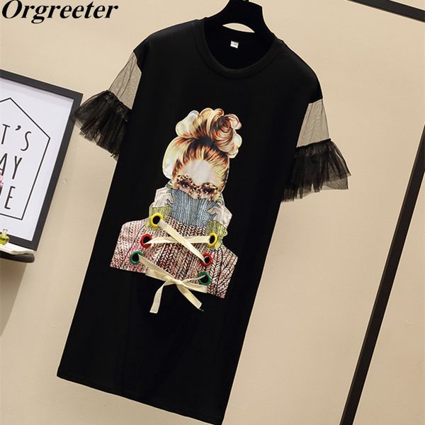 

plus size 5xl size women's t-shirt dresses fashion streetwear spectacles girl print mesh patchwork butterfly sleeve dresses, Black;gray