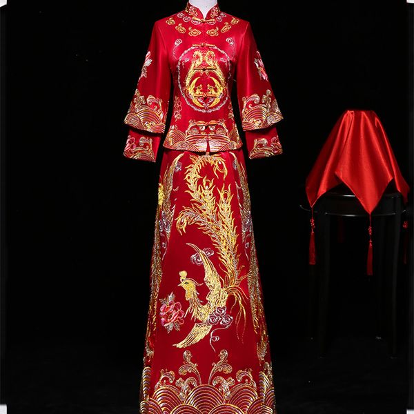 

chinese style women dress long red cheongsam ancient qipao evening gown vintage vestidos embroidery stage show clothing