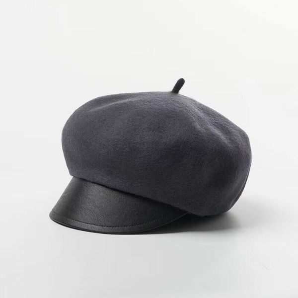 

2018 women fashion casual woolen felt military hat with leather board black warm winter proof leather plater wool cap good quali, Blue;gray