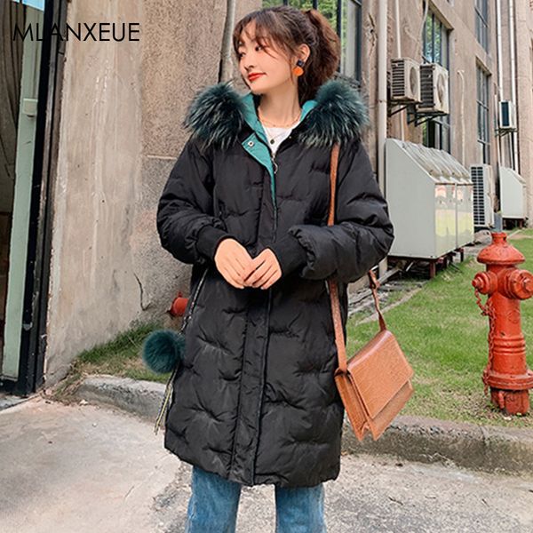 

casual fur hooded long down coat women winter korean plus size thicken warm down jacket ladies fashion zipper harajuku outerwear, Black