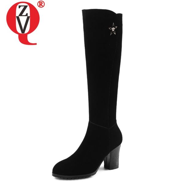 

zvq shoes woman 2019 winter new plush warm fashion round toe cow suede high boots outside high heels zipper shoes drop shipping, Black