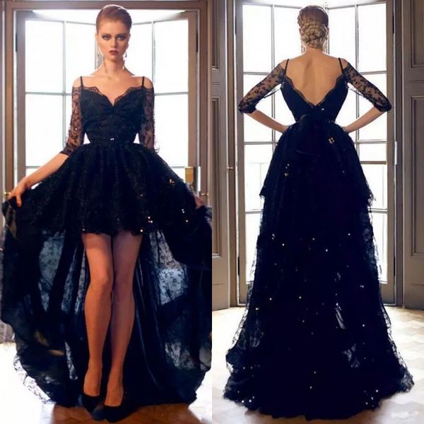 Sexy 2019 Alta Baixa Preto Prom Vestidos Off The Shoulder Decote com Espaguete Frente Curto Longo Voltar Brilhante Frisado Lace vestidos de fiesta