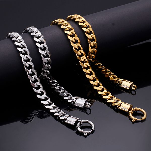 

kn81576-k stainless steel silver / gold cuban curb chain link necklace 11mm wide 50cm (20'') lenght full crystals clasp 89g