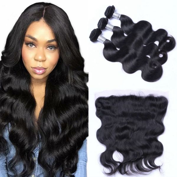 

body wave human hair bundles with frontal natural color unprocessed peruvian hair weaves with closure 13x4 lace frontal, Black;brown