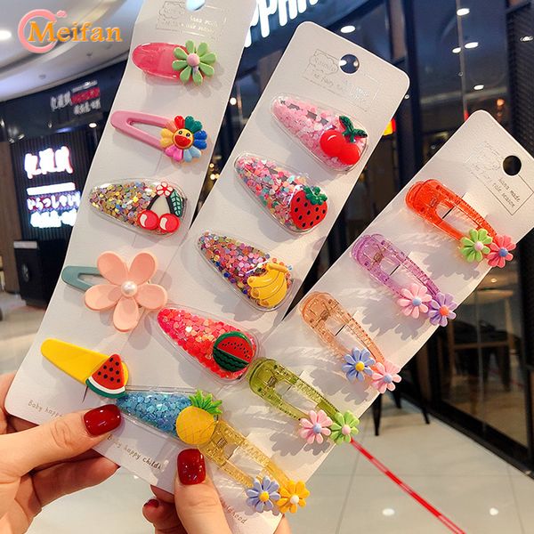 

meifan new arrival children cute color quicksand transparent hairpin baby girl's lovely fruit bb side clips kids hair accessorie, Slivery;white