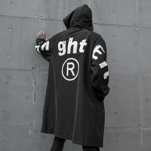 

men hooded trench coat male streetwear hip hop gothic autumn winter loose casual print long windberaker overcoat jacket, Tan;black