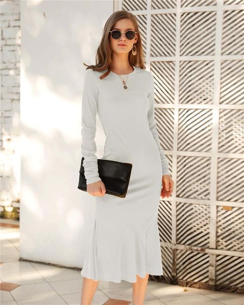 

clothes fashion womens long sleeve dress slim crew neck dress designers solid color dressess females causal, Black;gray