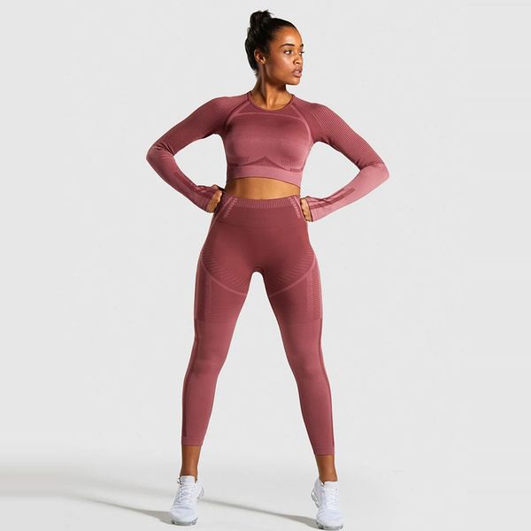 

2pcs бесшовные йога набор женщин фитнес одежда workout pant спортивная одежда с длинным рукавом crop top рубашки gym леггинсы спортивные кос