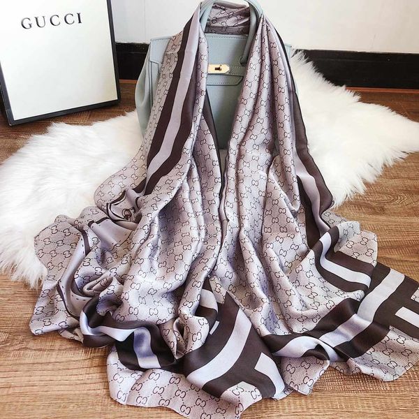 

famous designer silk scarf womens luxury fashion shawl scarf 4 seasons long neck ring size 180x90cm 2 colors with gift box optional, Blue;gray