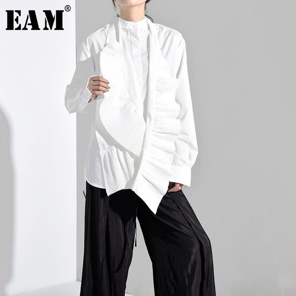

eam] 2020 new spring autumn stand collar long sleeve white loose pleated split temperament shirt women blouse fashion yg6380