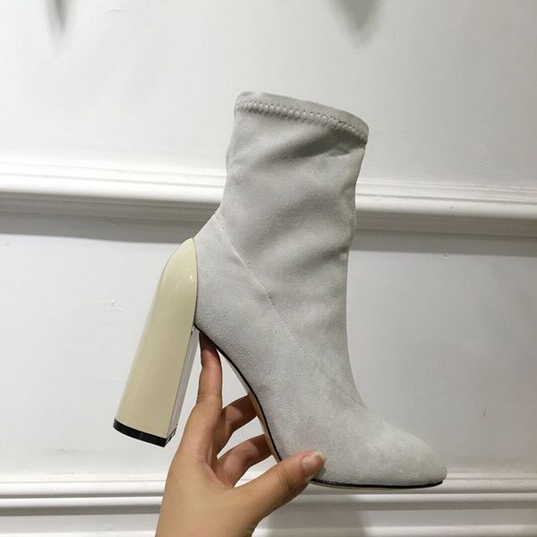 

2019 high-end heel boots square head suede stretch short boots custom generous slip-on with martin boots socks women's boot, Black