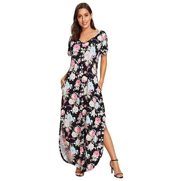 

casualÂ summerÂ dressÂ womenÂ clothesÂ fashion women's summer short sleeve o-neck casual print dress party dress vestidos 42, Black;gray