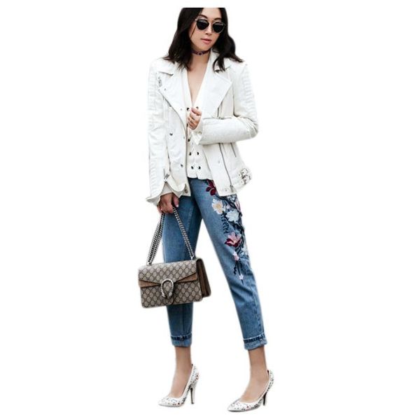 

women embroidered jeans 3d rose embroidered vintage trousers high waist ankle-length jeans, Blue