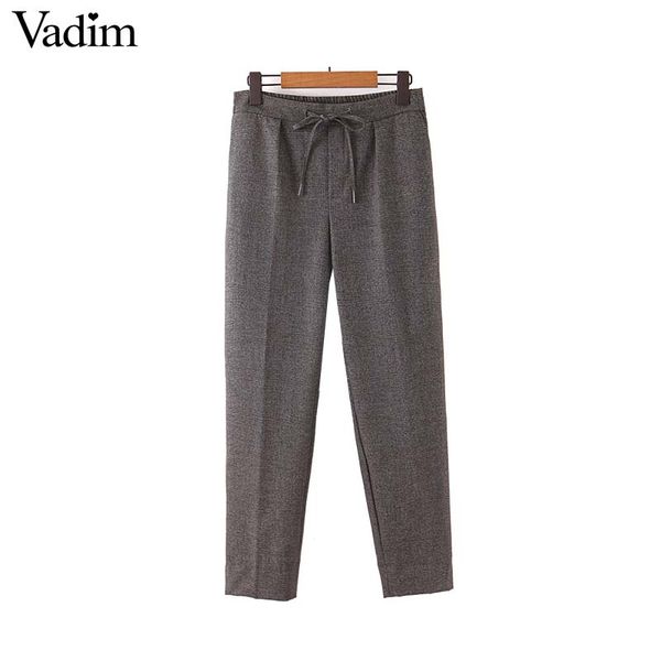 

vadim women chic office wear pants solid elastic waist drawstring tie pockets female basic elegant ankle length trousers kb238, Black;white