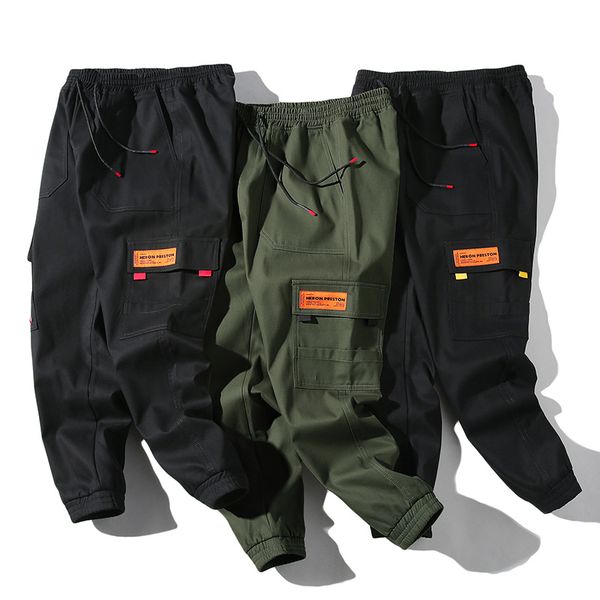 

3 colors cargo pants for men's 2020 spring and summer casual elastic waist pant 100% cotton new fashion pencil pants m-4xl male, Black