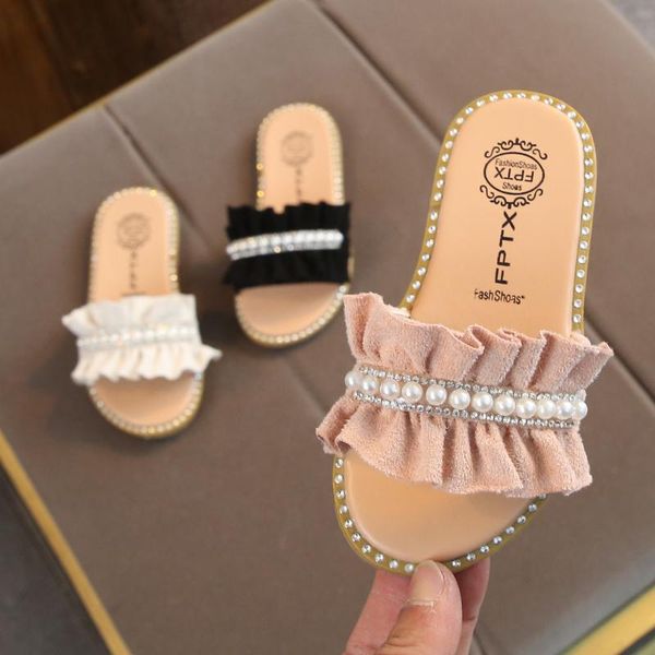

summer slippers for girl toddler kids baby girls pearls crystal ruffles princess shoes sandals slippers todder beach flip flops, Black;red