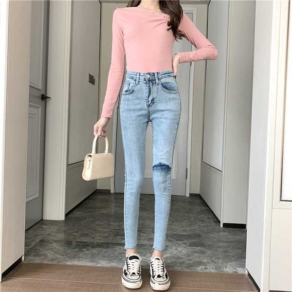 

women's jeans spring summer fashion women wrinkel vintage wash high waist cotton elastic pencil for with hole, Blue