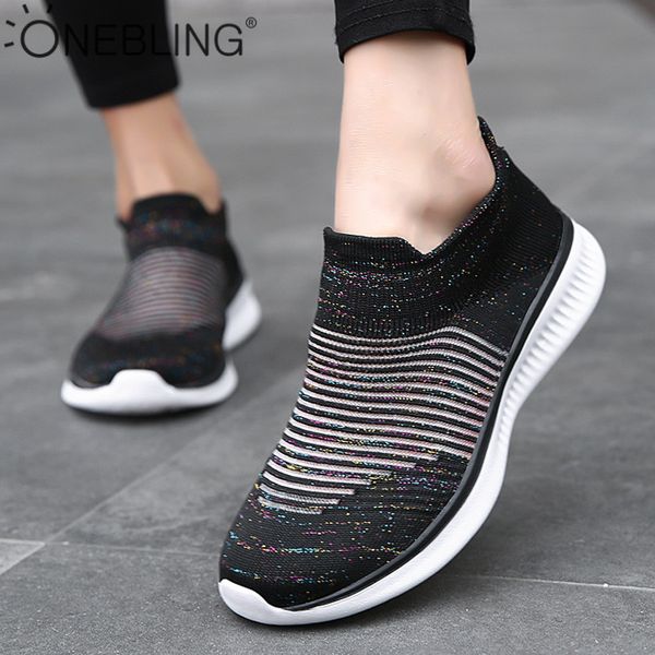 

zhenbaili sequins striped breathable knitted sock flat shoes women slip on loafers female casual walking shoes platform sneakers, Black