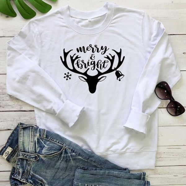 

merry christmas womens sweatshirt merry bright female graphic hoodie printed deer funny holiday gift camisas mujer funny, Black