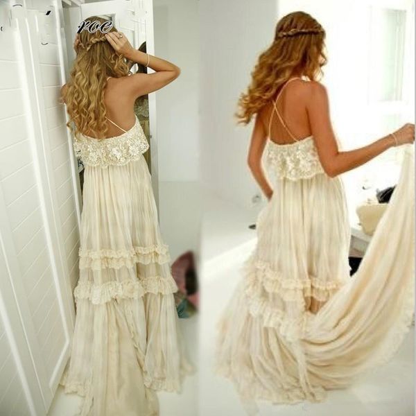 2020 Estilo Hippie New Vintage Boho praia vestidos de casamento Sexy Spaghetti Correias Tiered Lace Chiffon A Linha Gybsy vestidos de noiva 66