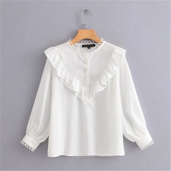 

elegant women blouses ruffle o-neck office ladies casual shirts long sleeve blouses for women and female shirts, White