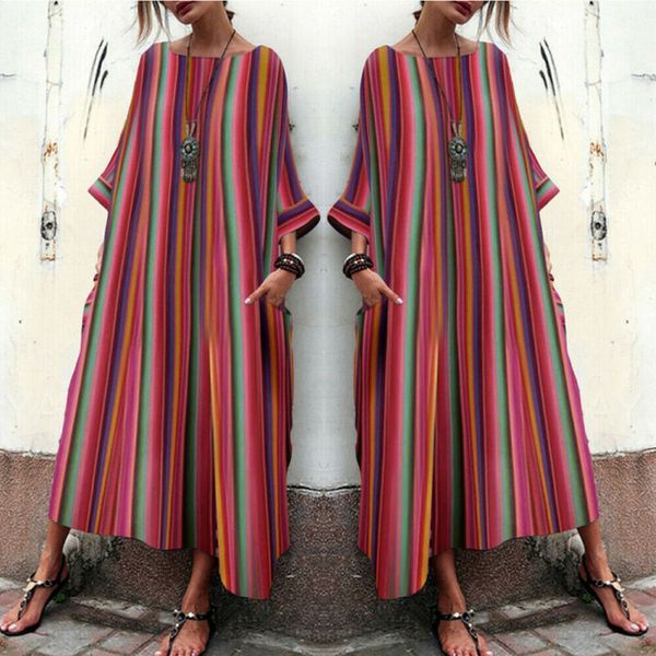 

new style women's dresses holiday summer rainbow color stripe long sleeve party loose long with pocket sundress fashion 2019, Black;gray