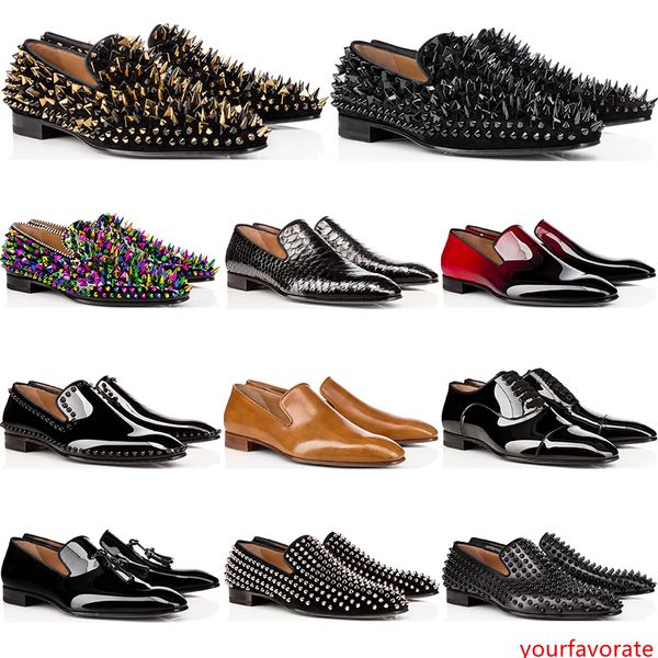 

2020 luxury mens designer shoes loafers casual black red spike patent leather slip on dress wedding flats bottoms business party sneakers