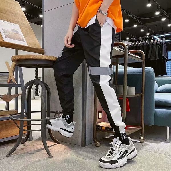 

side stripe track jogger pants men 2020 reflective label track harem pants homme streetwear male hip hop, Black