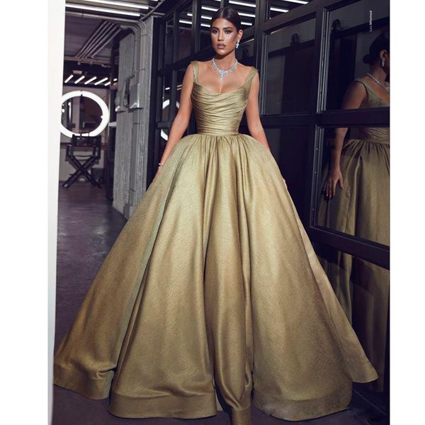 

gold square neck a-line evening dresses ruched ruffles skirt formal gown floor length satin celebrity gowns 2019, Black;red