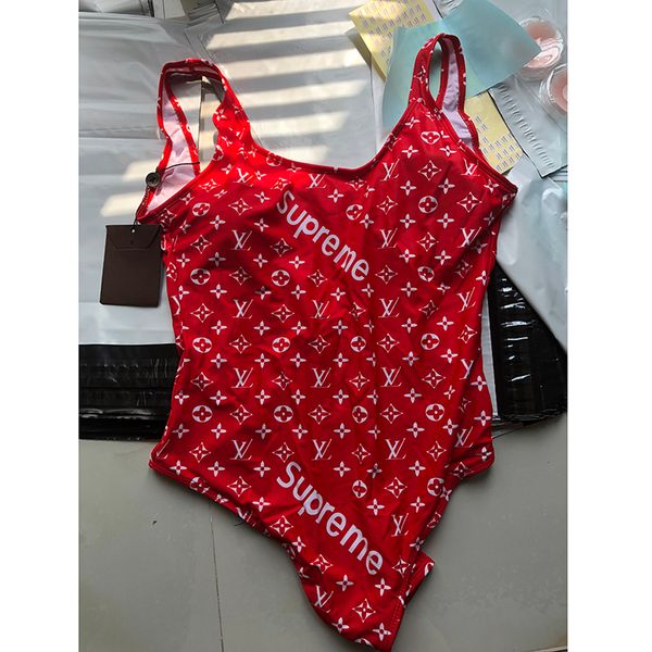 

Sexy Red Backless Girl Bikini Swimsuit Fashion Letter Printed One-Piece Bikini Summer Breathable Soft Beach Wear Bathing Suit for Women