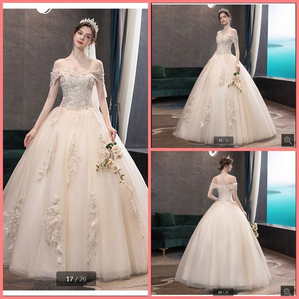 

2020 robe de mariage champagne tulle off the shoulder wedding dress lace appliques v neck corset gorgeous bridal gowns hot, White